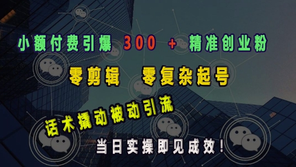 小额付费引爆 300 + 精准创业粉，零剪辑、零复杂起号，话术撬动被动引流，当日实操即见成效-七七项目网