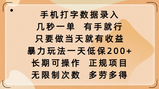 手机打字数据录入，几秒一单，有手就行，只要做当天就有收益，暴力玩法一天低保2张-七七项目网