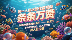 第一人称水族代言视频，条条万赞，20条作品涨粉8.5万，多种变现方式月，入五位数-七七项目网