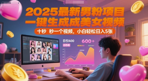 2025最新男粉项目，一键生成美女视频，日引600+色粉 十秒一个视频，小白轻松日入5张【揭秘】-七七项目网