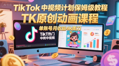 TikTok中视频计划保姆级教程，TK原创动画课程，单账号月收益4k美刀-七七项目网