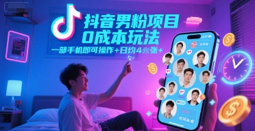 抖音男粉项目0成本玩法，一部手机即可操作，日均4张+，时间自由-七七项目网