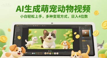 AI生成萌宠动物视频，小白轻松上手，多种变现方式，日入4位数-七七项目网