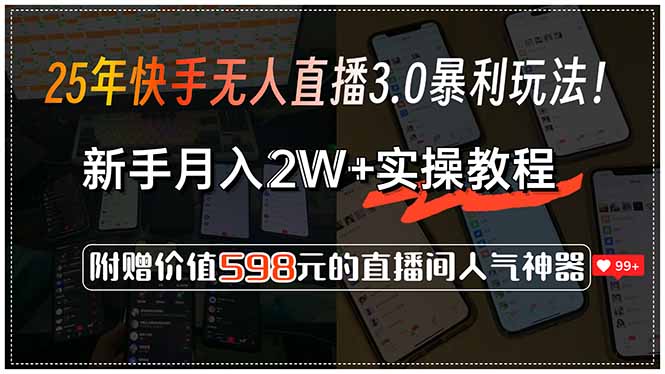 25年快手无人直播3.0暴利玩法！，新手月入2W+实操教程，附赠价值598元…-七七项目网