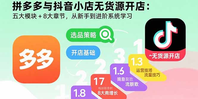 拼多多与抖音小店无货源开店：五大模块+8大章节，从新手到进阶系统学习-七七项目网