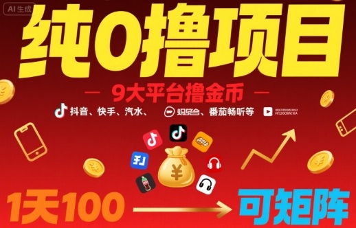 纯0撸项目，9大平台撸金币，抖音，快手，汽水，番茄畅听等，1天100，可矩阵-七七项目网