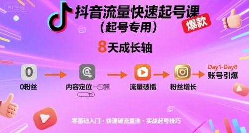 抖音流量快速起号课(起号专用)，8天带你做爆自己的账号-七七项目网
