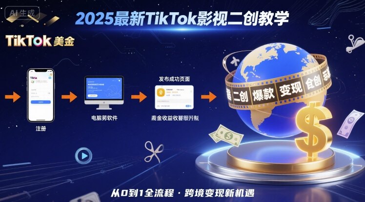 2025年最新TikTok影视二创教学，从注册到发布撸美金全流程，跨境变现新机遇-七七项目网