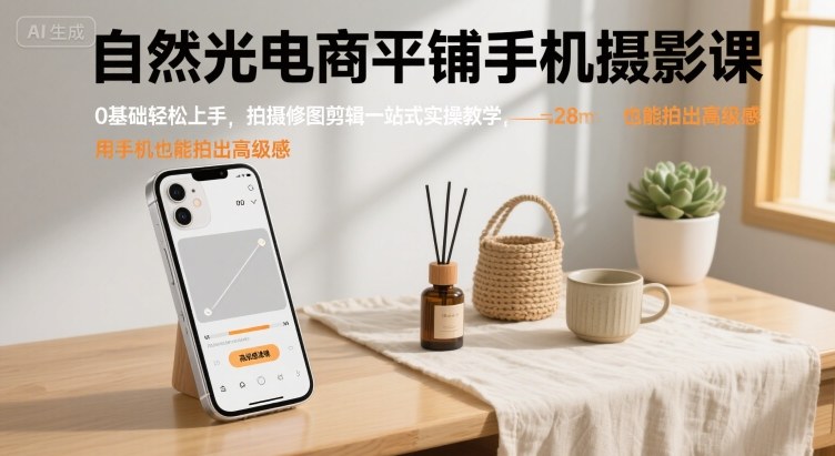 自然光电商平铺手机摄影课，0基础轻松上手，拍摄修图剪辑一站式实操教学，用手机也能拍出高级感-七七项目网
