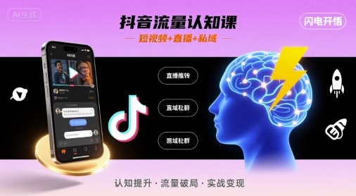 抖音流量认知课，短视频+直播+私域，认知提升，闪电开悟-七七项目网