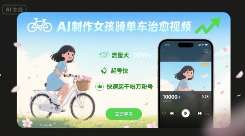 AI制作女孩骑单车治愈视频，流量大，起号快，快速起千粉万粉号-七七项目网
