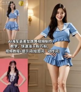 AI海军装美女跳舞视频制作教学，快速涨千粉万粉，视频教程+提示词(绘图词、动作词)-七七项目网