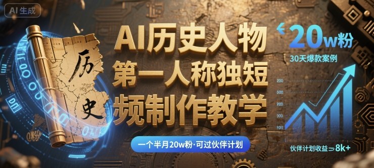 最新AI历史人物第一人称独白短视频制作教学，一个半月20w粉，可过伙伴计划-七七项目网