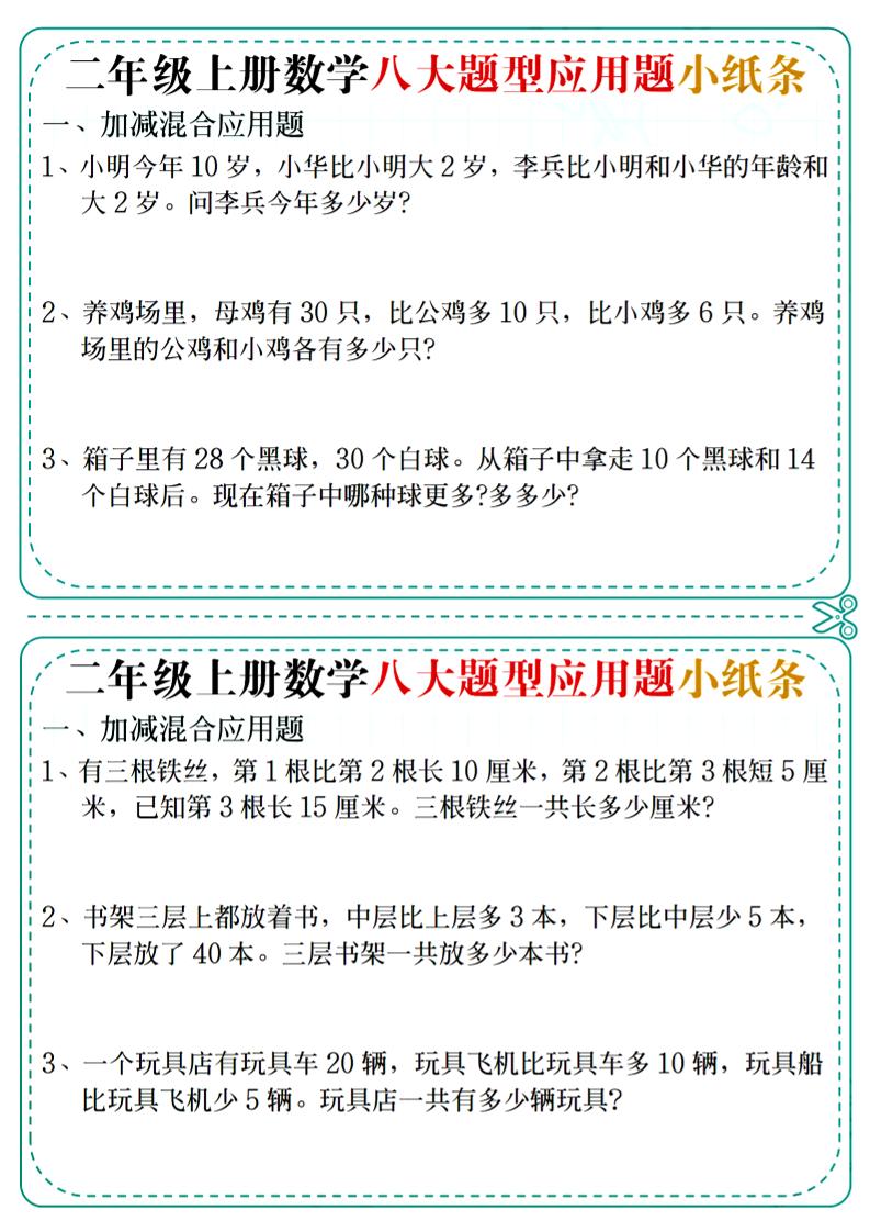二年级上数学八大题型应用题小纸条-七七项目网