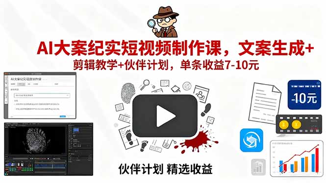 AI大案纪实短视频制作课，文案生成+剪辑教学+伙伴计划，单条收益7-10元-七七项目网
