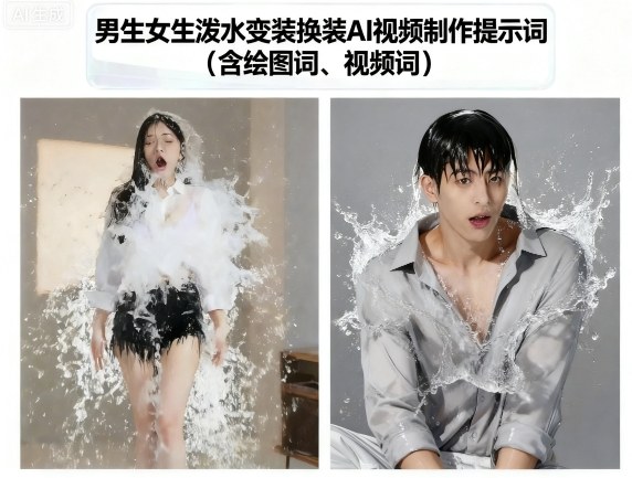 男生女生泼水变装换装AI视频制作提示词(含绘图词、视频词)-七七项目网