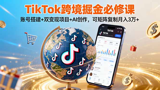TikTo跨境掘金必修课，账号搭建+双变现项目+AI创作，可矩阵复制月入3万+-七七项目网