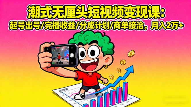 潮式无厘头短视频变现课：起号出号/完播收益/分成计划/商单接洽，月入2万+-七七项目网