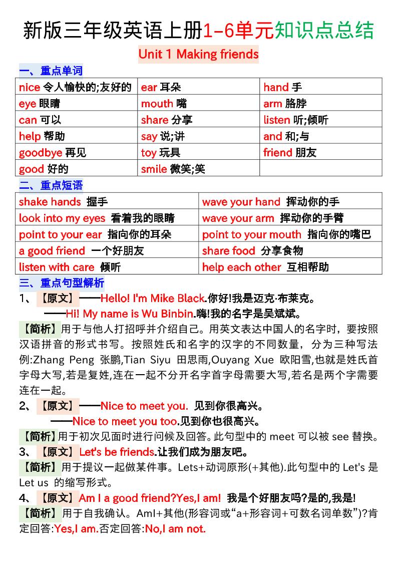 新版三年级英语上册1-6单元知识点总结-七七项目网