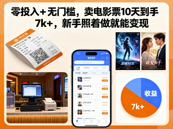 零投入+无门槛，卖电影票10天到手7k+，新手照着做就能变现【揭秘】-七七项目网