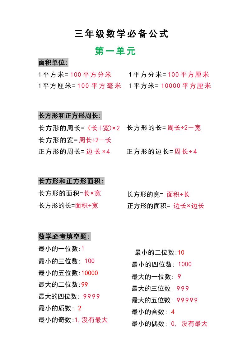 三年级数学上册必背公式-七七项目网