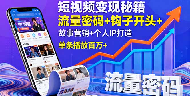 短视频变现秘籍，流量密码+钩子开头+故事营销+个人IP打造，单条播放百万+-七七项目网