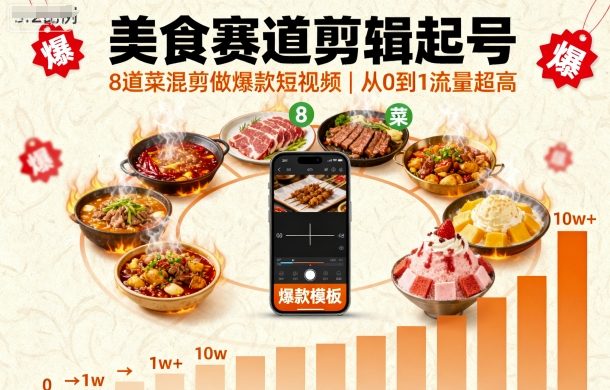 美食赛道剪辑起号，8道菜混剪做爆款短视频，从0到1，流量超高-七七项目网