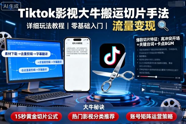 Tiktok影视大牛搬运切片手法，详细玩法教程-七七项目网