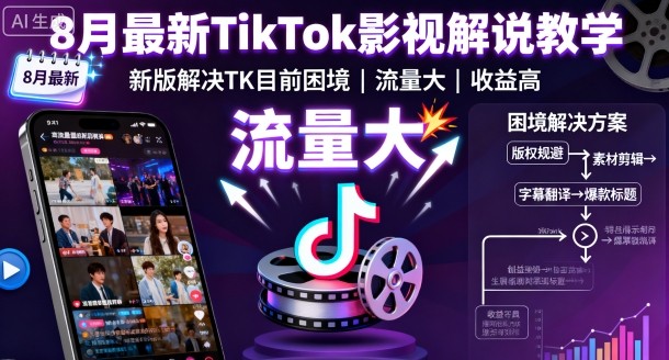 8月最新TikTok影视解说教学，新版解决TK目前困境，流量大，收益高-七七项目网