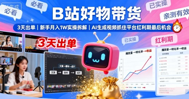 B站好物带货，3天出单，新手月入1W实操拆解，AI生成视频，抓住平台红利期最后机会-七七项目网