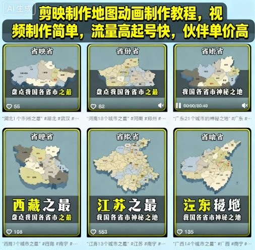 剪映制作地图动画制作教程,视频制作简单,流量高起号快,伙伴单价高