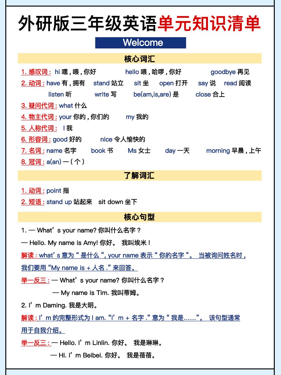 外研三上英语知识清单全-七七项目网