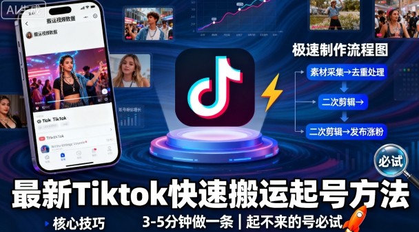 最新Tiktok快速搬运快速起号方法，3-5分钟做一条，起不来的号可以试试-七七项目网