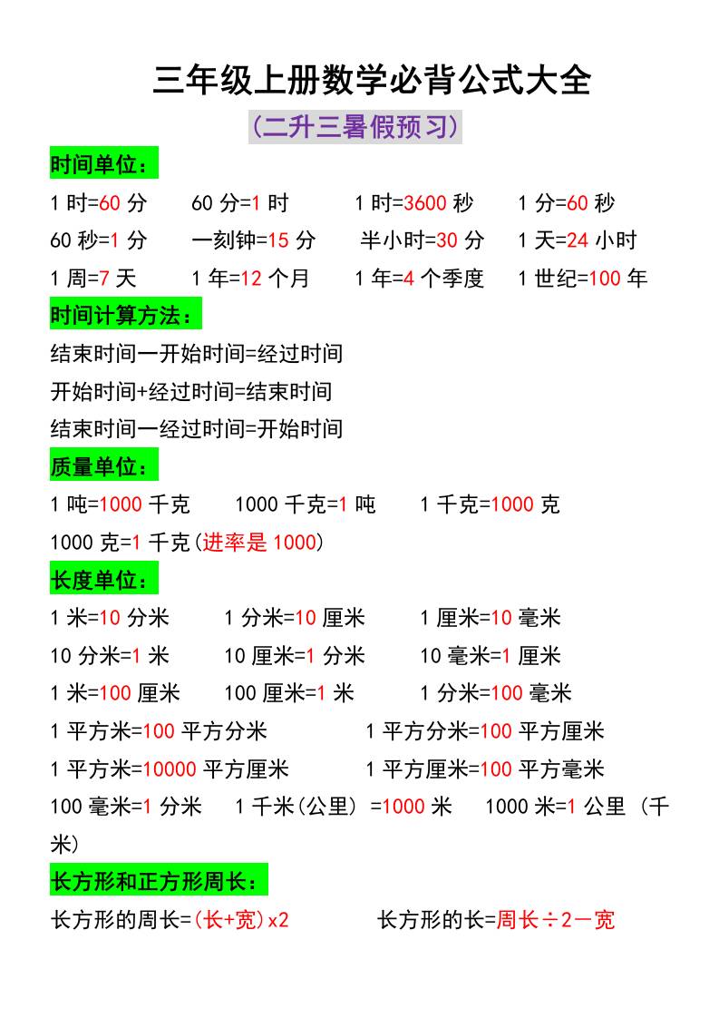 三年级上册数学必背公式大全-七七项目网