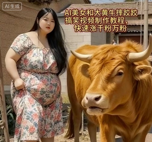 AI美女和大黄牛摔跤搞笑荒诞视频制作教程,快速涨千粉万粉