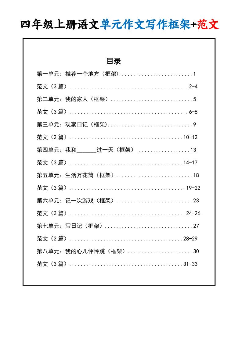 四上语文1-8单元作文写作框架+范文34页-七七项目网