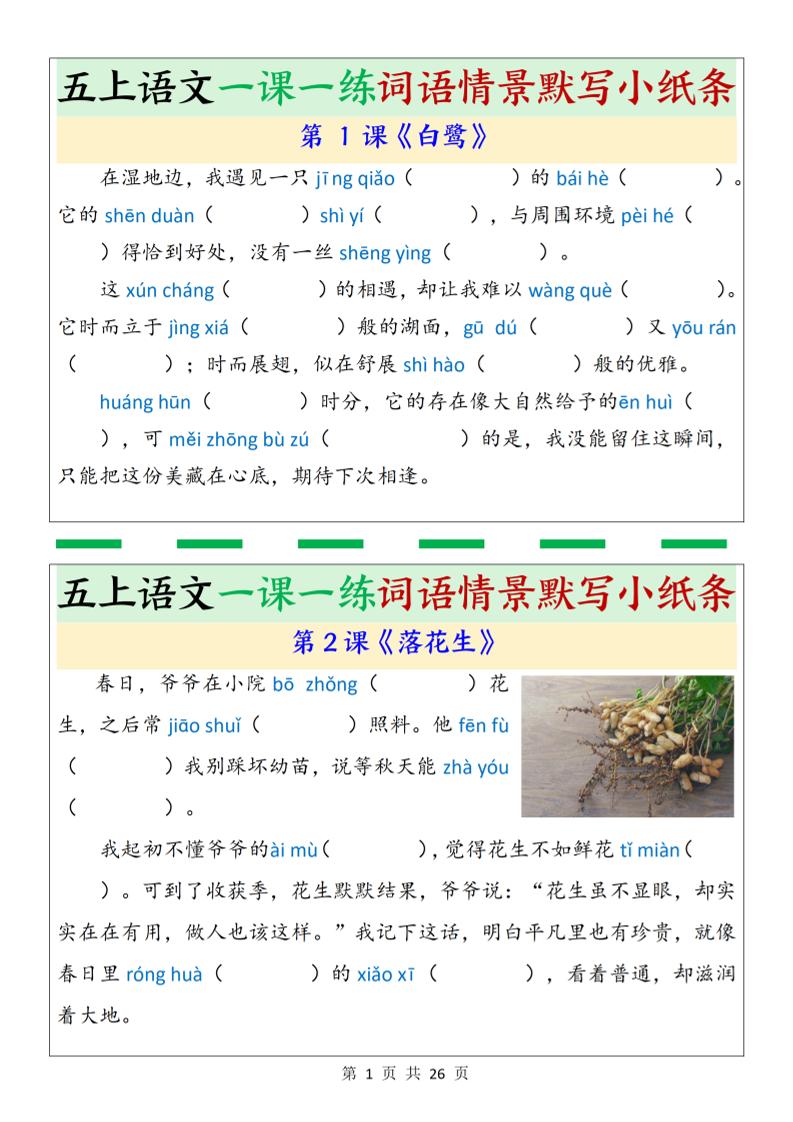 五上语文一课一练词语情景默写小纸条（含答案26页）-七七项目网
