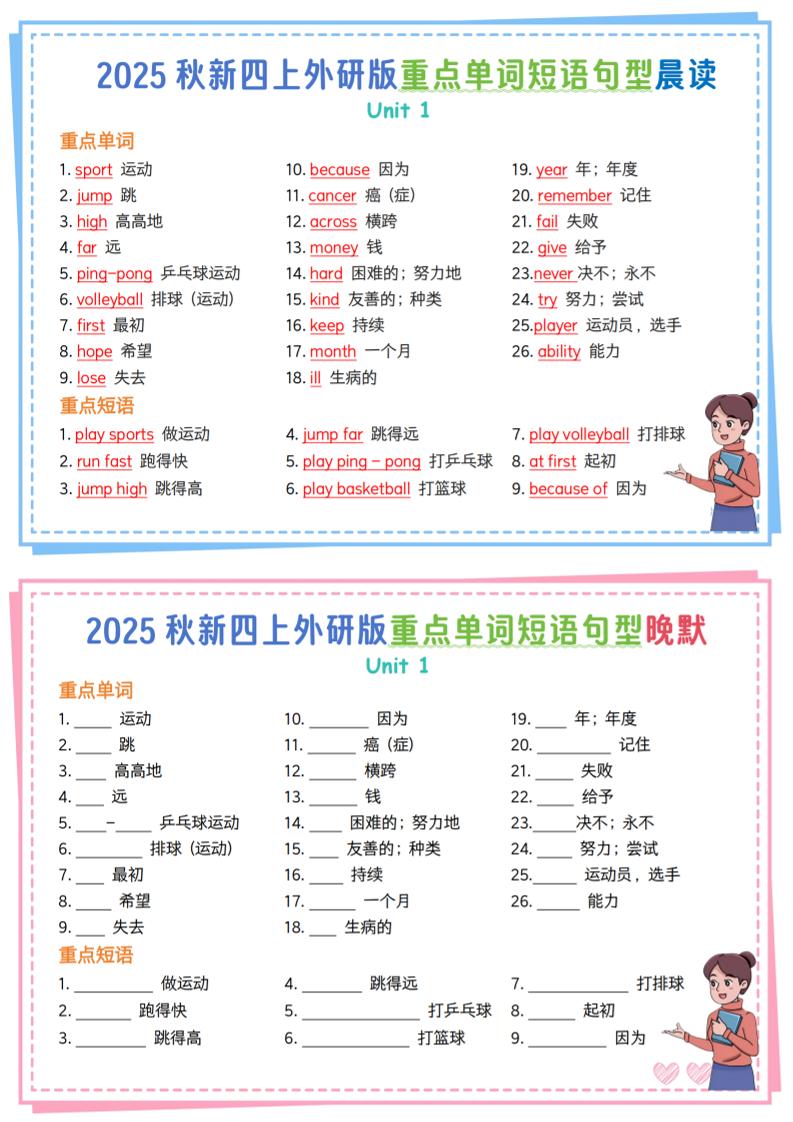新四上外研英语重点单词短语句型晨读晚默13页-七七项目网