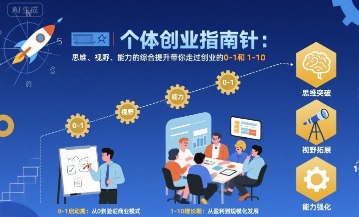 个体创业指南针,思维、视野、能力的综合提升带你走过创业的0-1和1-10【音频】-七七项目网
