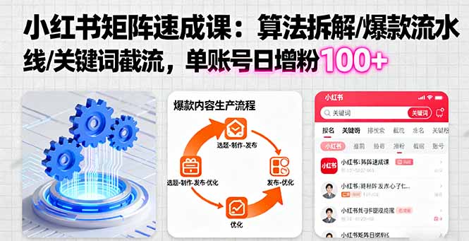 小红书矩阵起号速成课:算法拆解/爆款流水线/关键词截流 单账号日增粉100+-七七项目网