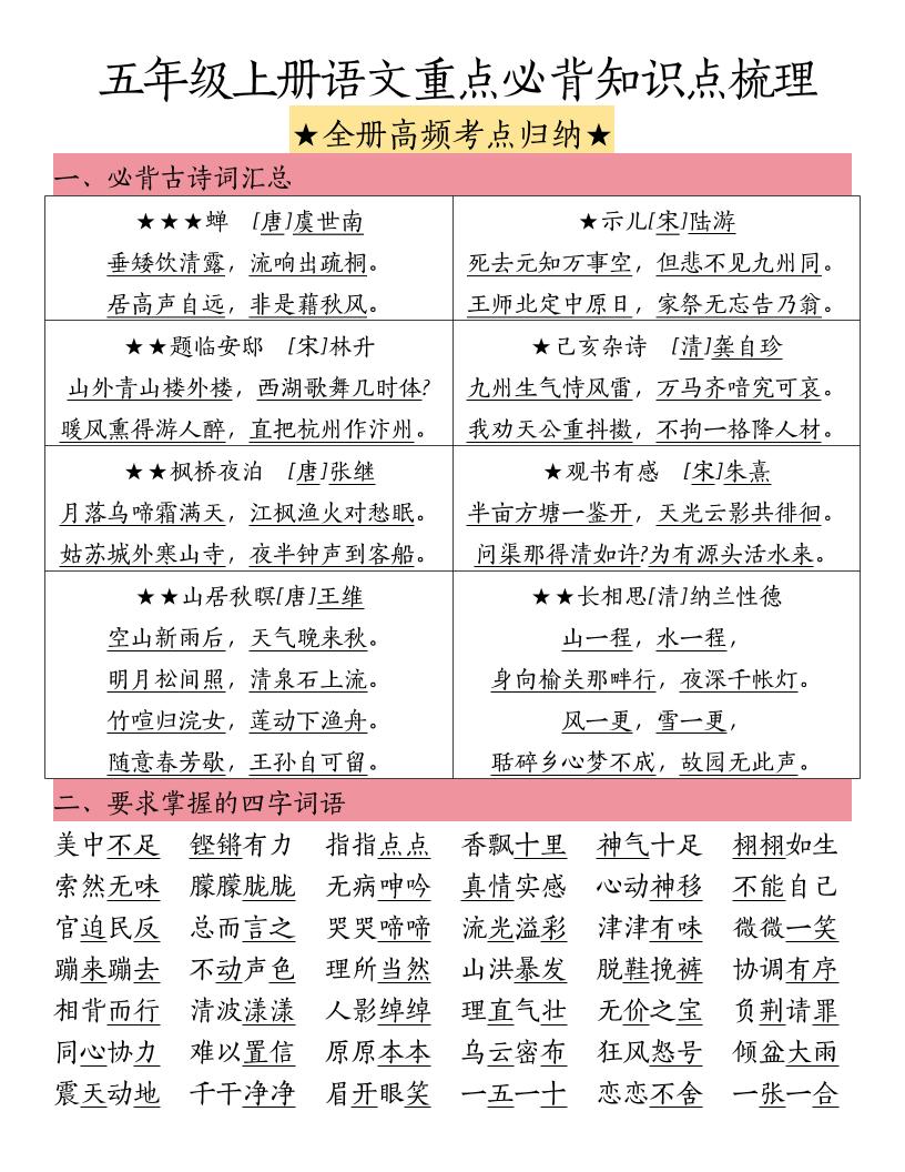 五上语文重点必背知识点梳理-七七项目网