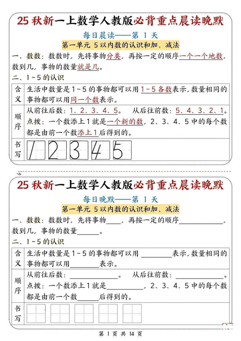 25秋新一上数学必背重点晨读晚默（人教版14页）-七七项目网