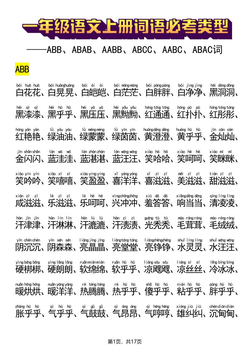 新一上语文词语必考类型(ABB、ABAB、AABB、ABCC、AABC、ABAC、ABCB类词语)17页-七七项目网