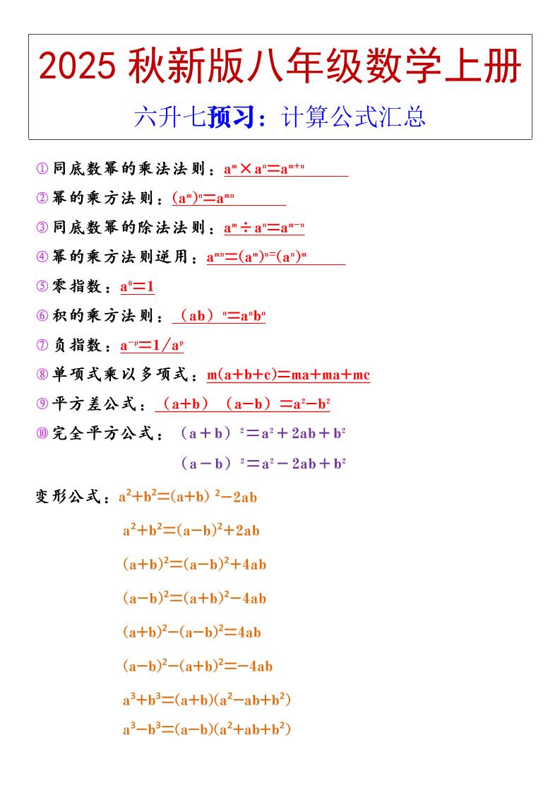 【2025秋新版】八年级上册数学计算公式汇总-七七项目网