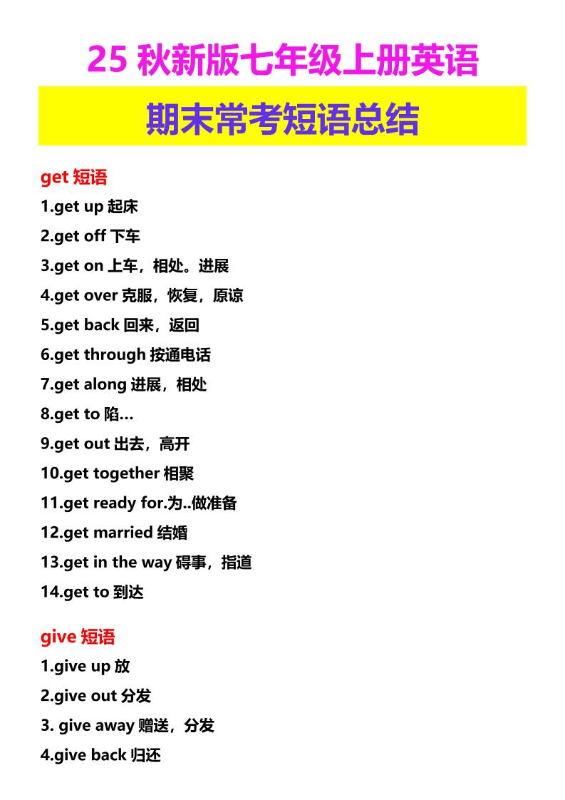 【2025秋新版】七年级上册英语期末常考短语总结-七七项目网