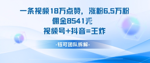 一条视频18W点赞，涨粉6.5W粉佣金8541米，视频号+抖音=王炸-七七项目网