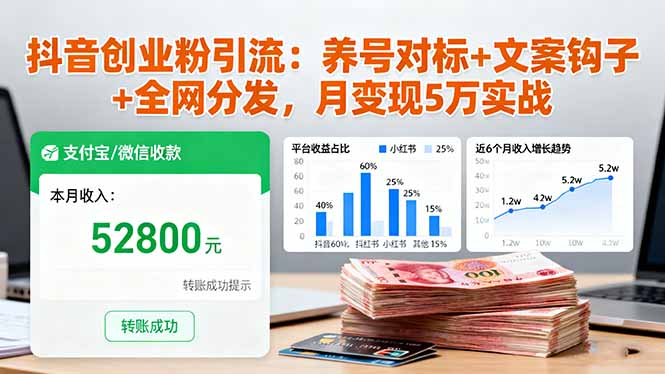 抖音创业粉引流：养号对标+文案钩子+全网分发，月变现5万实战-七七项目网