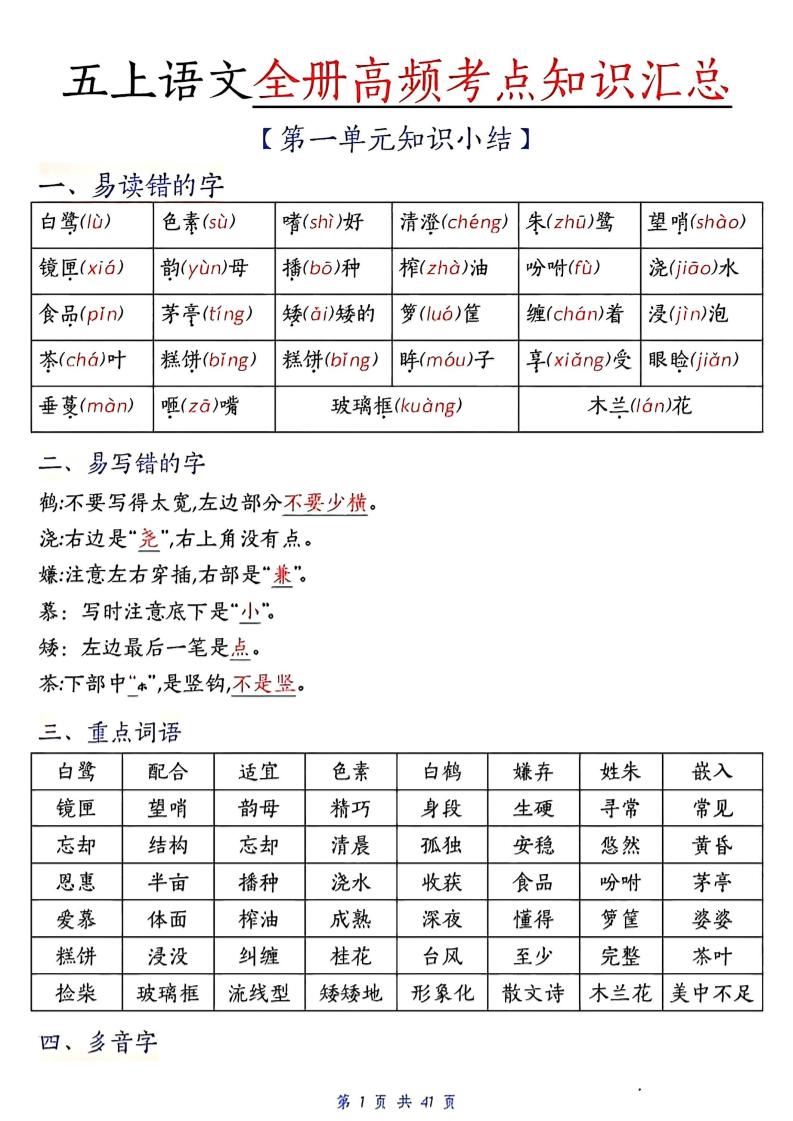 五上语文期中高频考点-七七项目网