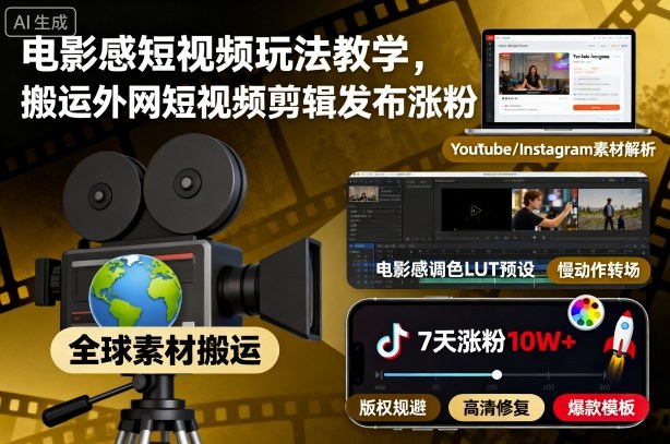 电影感短视频玩法教学,搬运外网短视频剪辑发布涨粉-七七项目网