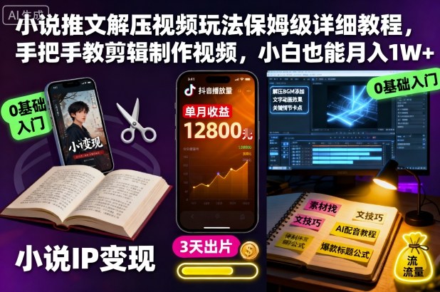 小说推文解压视频玩法保姆级详细教程,手把手教剪辑制作视频,小白也能月入1W+-七七项目网
